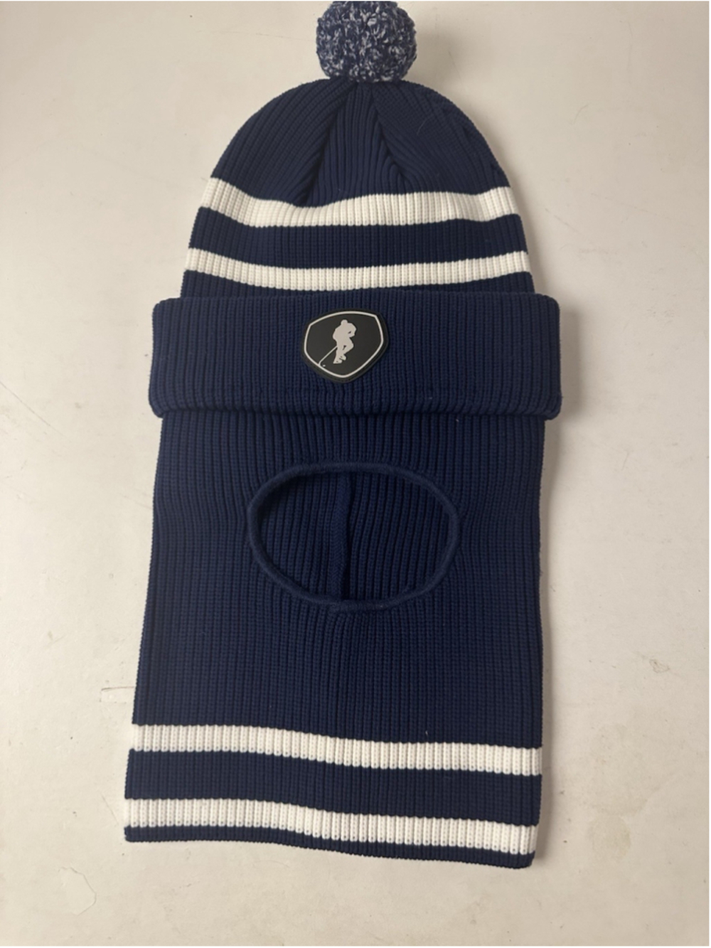 Gongshow Balaclava Ski Mask Beanie Hat Navy Blue White Stripe Pom Toque Hockey